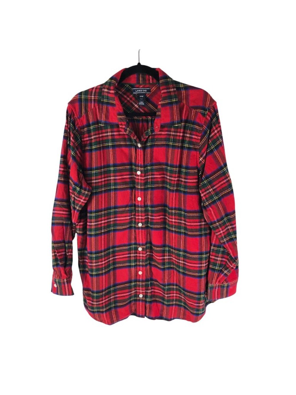 Lands End Womens Plus Size 18W Red Tartan Plaid Flannel Cotton Button Down Top